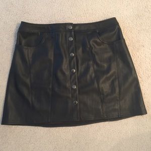 High waisted vegan leather snap front mini skirt